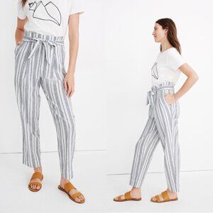 Madewell Dark Baltic Slub Striped Linen Cotton Belted Paperbag Pants